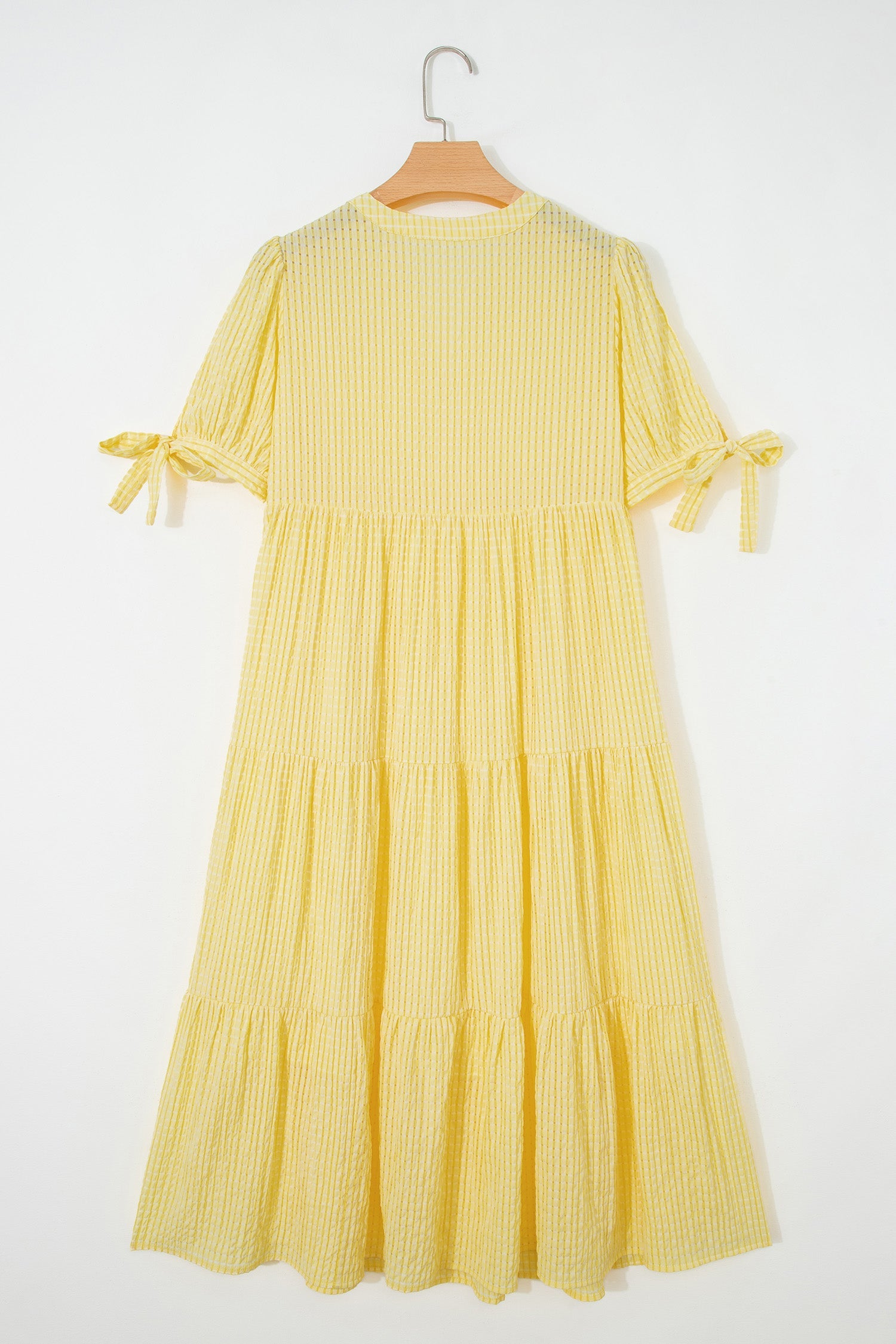 Gingham Textured Bow Tie Tiered Midi Dress
