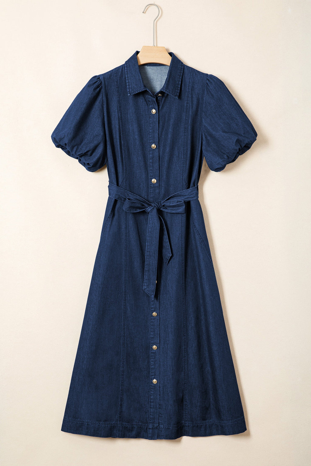 Solid Denim Collared Bubble Sleeve Buttoned Midi Dress