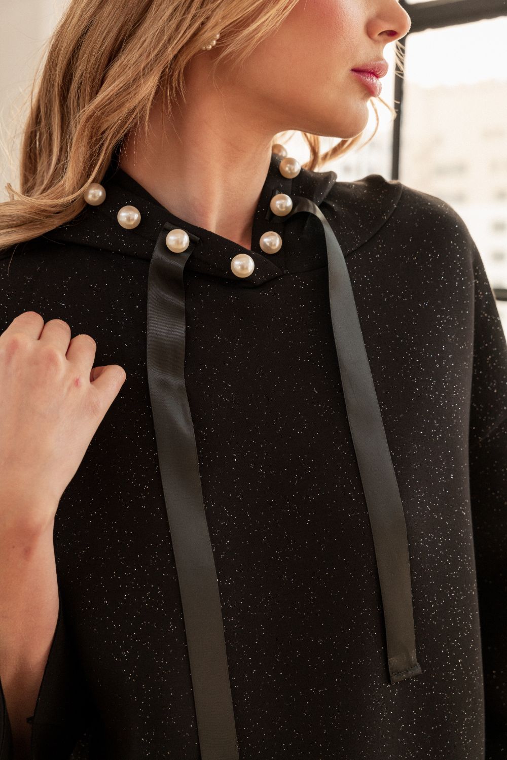 Francine Stretch French Scuba Pearl Hoodie with Glitter