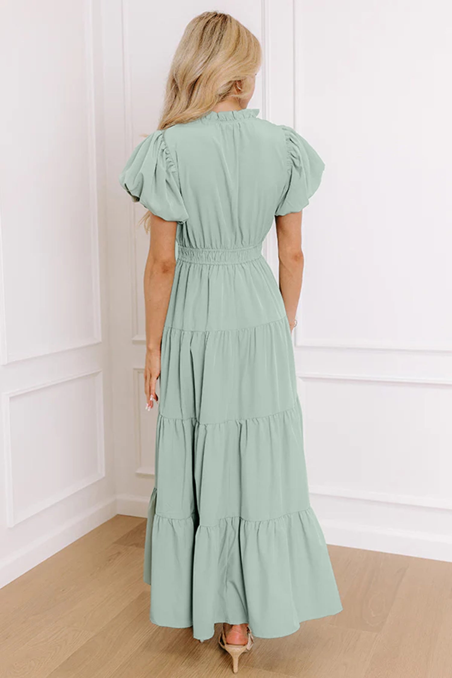 Solid V-Neck Short Puff Sleeve Tiered Maxi Dress in Pink or Aqua
