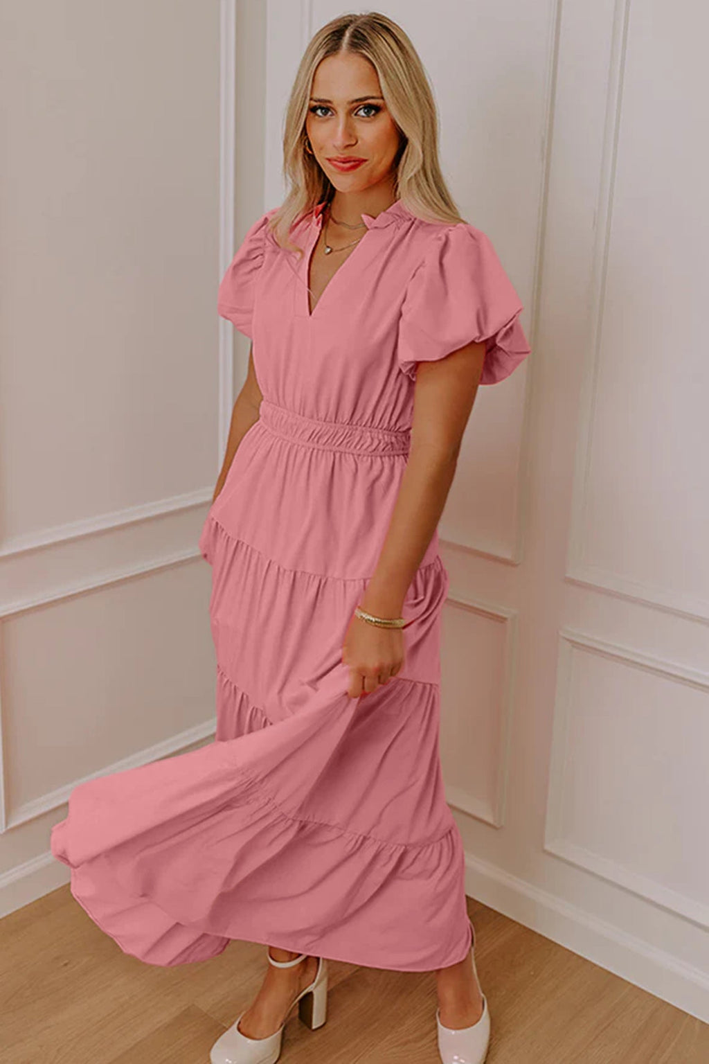 Solid V-Neck Short Puff Sleeve Tiered Maxi Dress in Pink or Aqua