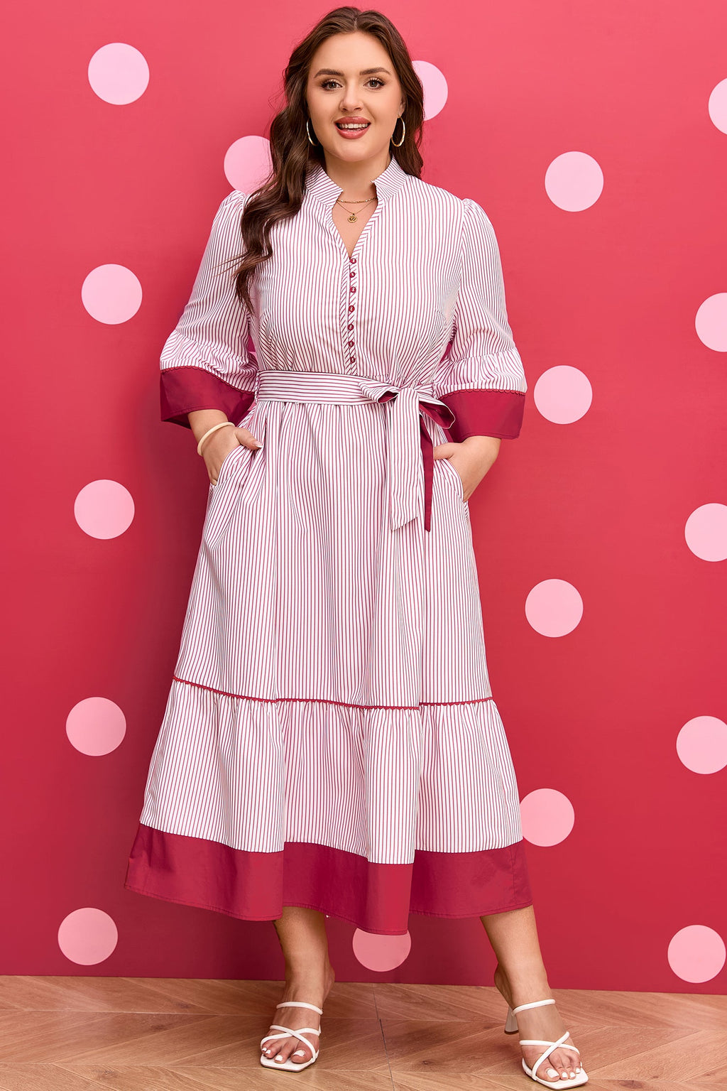 Plus Size Pinstripe Ruffle Hem Midi Dress