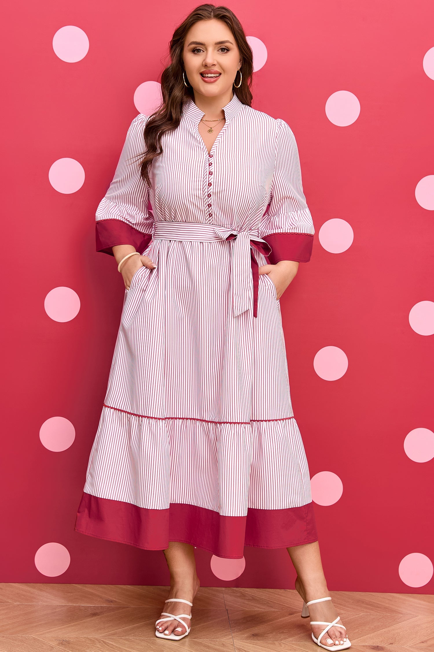 Plus Size Pinstripe Ruffle Hem Midi Dress