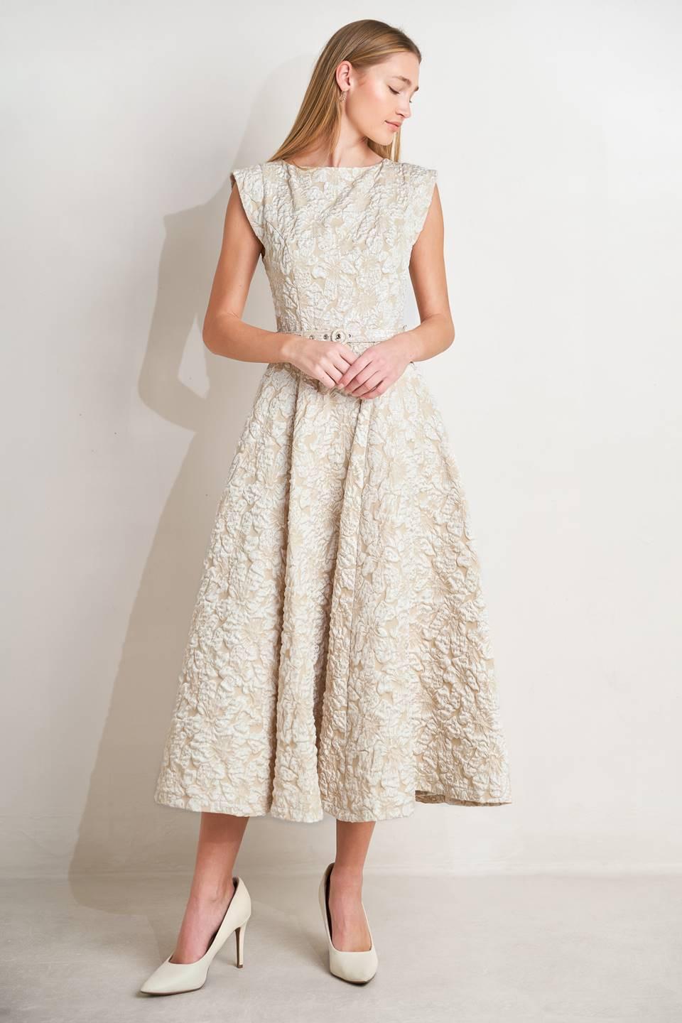 Flying Tomato - Statement In Ivory Woven Midi Dress