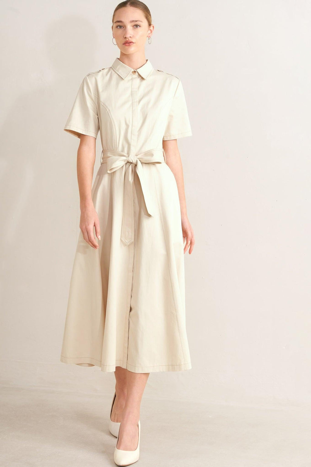 Flying Tomato - Sandstone Grace Woven Midi Shirt Dress