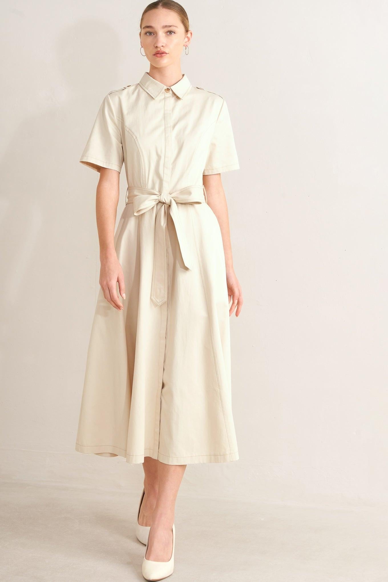 Flying Tomato - Sandstone Grace Woven Midi Shirt Dress