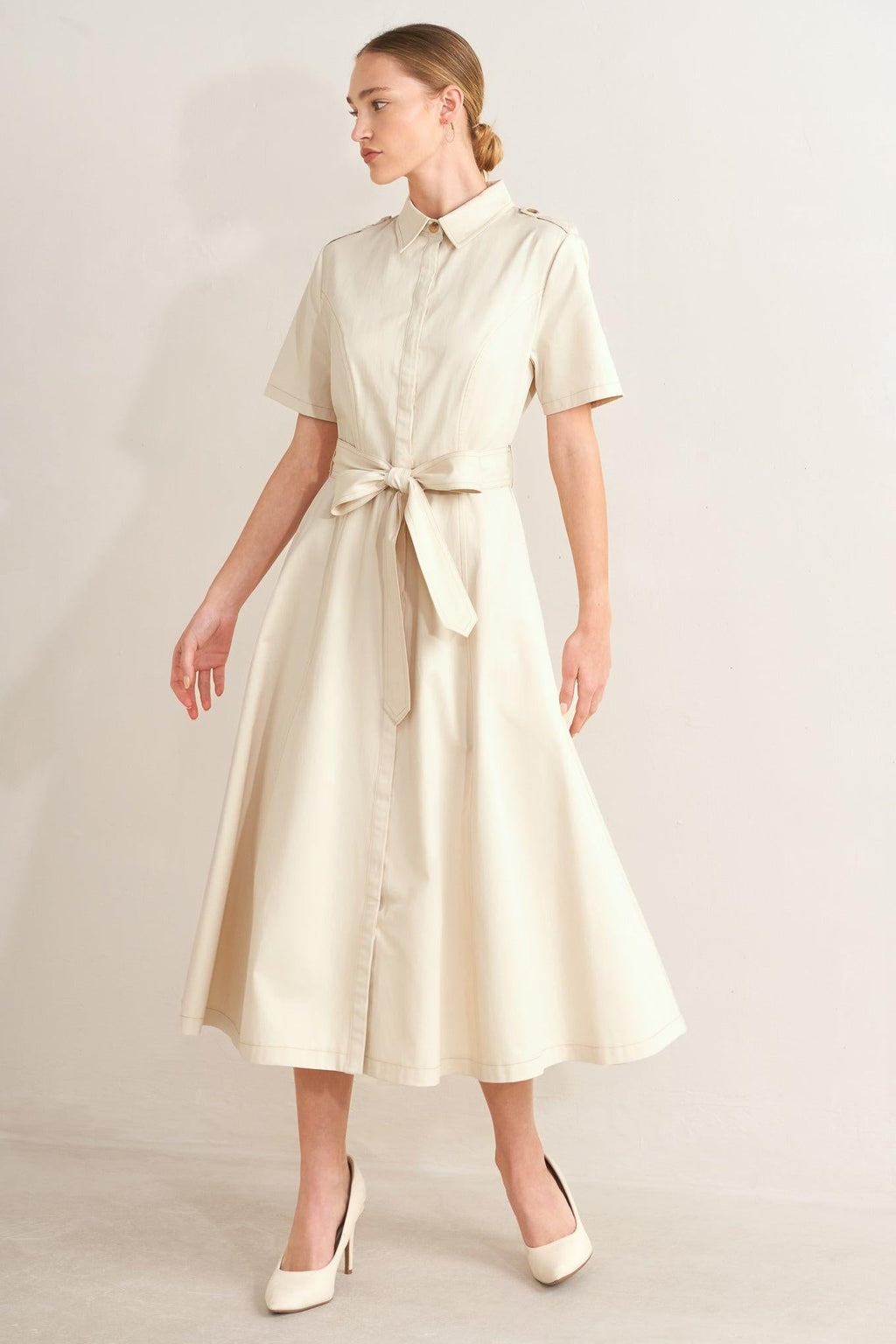 Flying Tomato - Sandstone Grace Woven Midi Shirt Dress