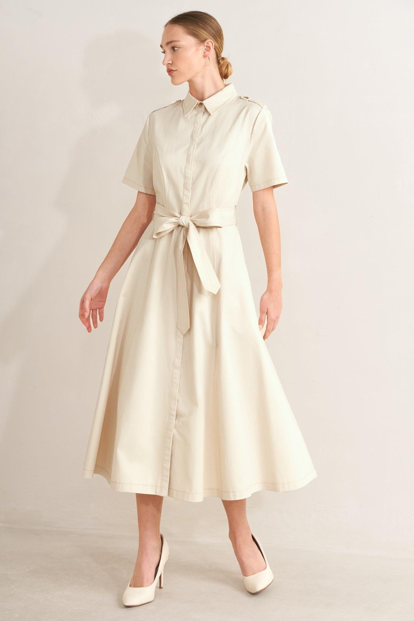 Flying Tomato - Sandstone Grace Woven Midi Shirt Dress