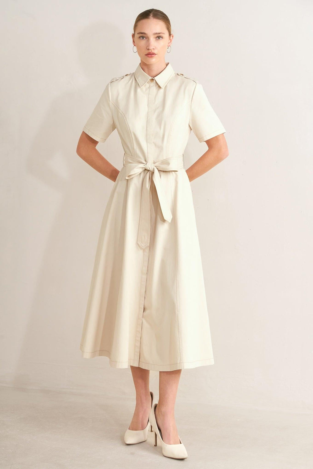 Flying Tomato - Sandstone Grace Woven Midi Shirt Dress