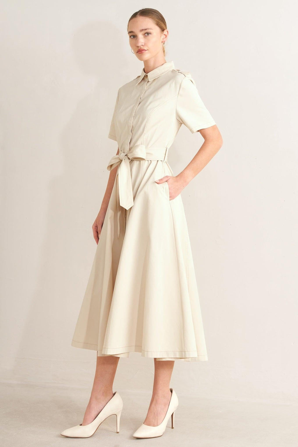 Flying Tomato - Sandstone Grace Woven Midi Shirt Dress