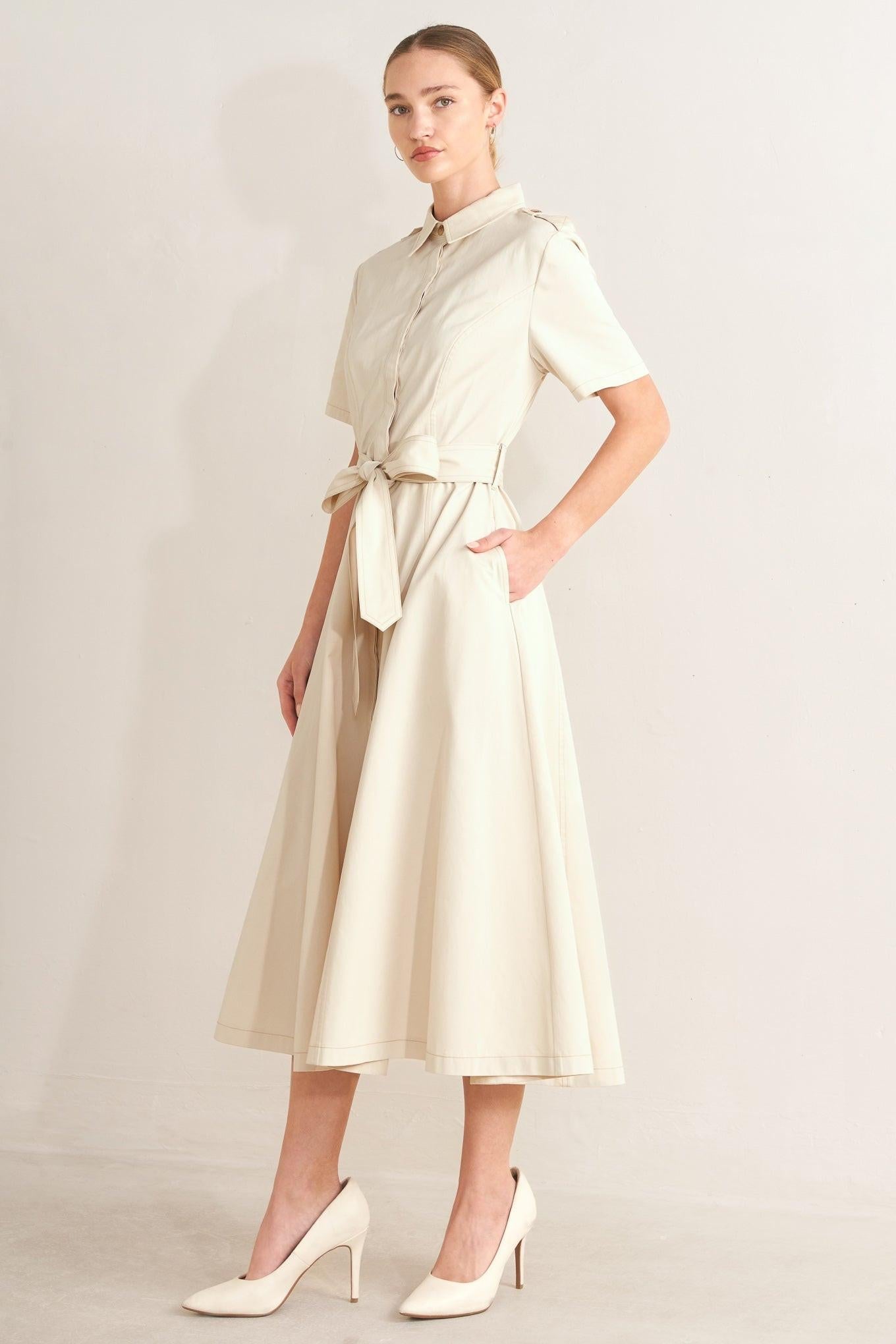 Flying Tomato - Sandstone Grace Woven Midi Shirt Dress