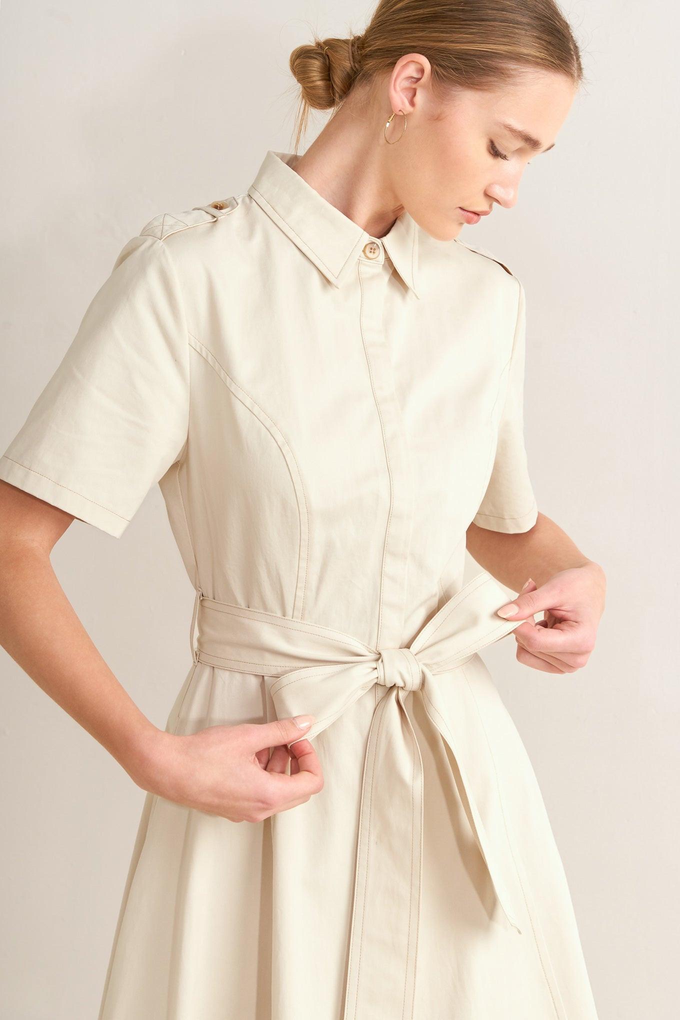 Flying Tomato - Sandstone Grace Woven Midi Shirt Dress