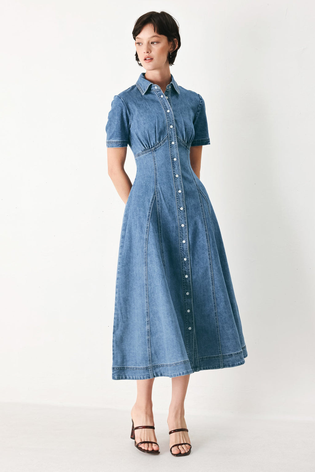 Flying Tomato - Vintage Sky Denim Midi Shirt Dress