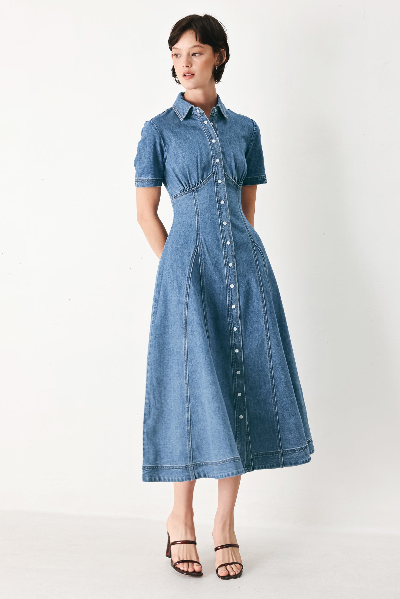 Flying Tomato - Vintage Sky Denim Midi Shirt Dress