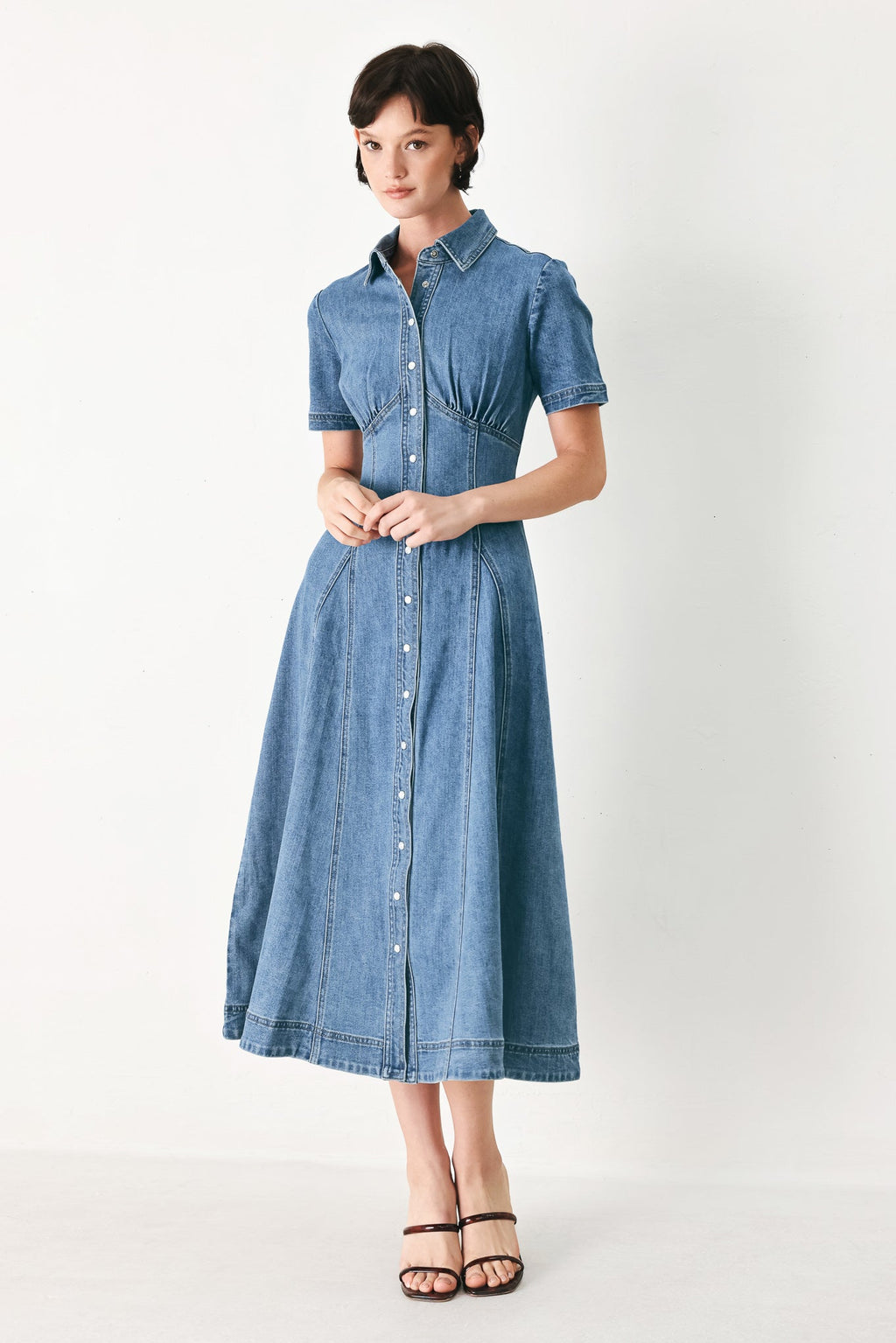 Flying Tomato - Vintage Sky Denim Midi Shirt Dress