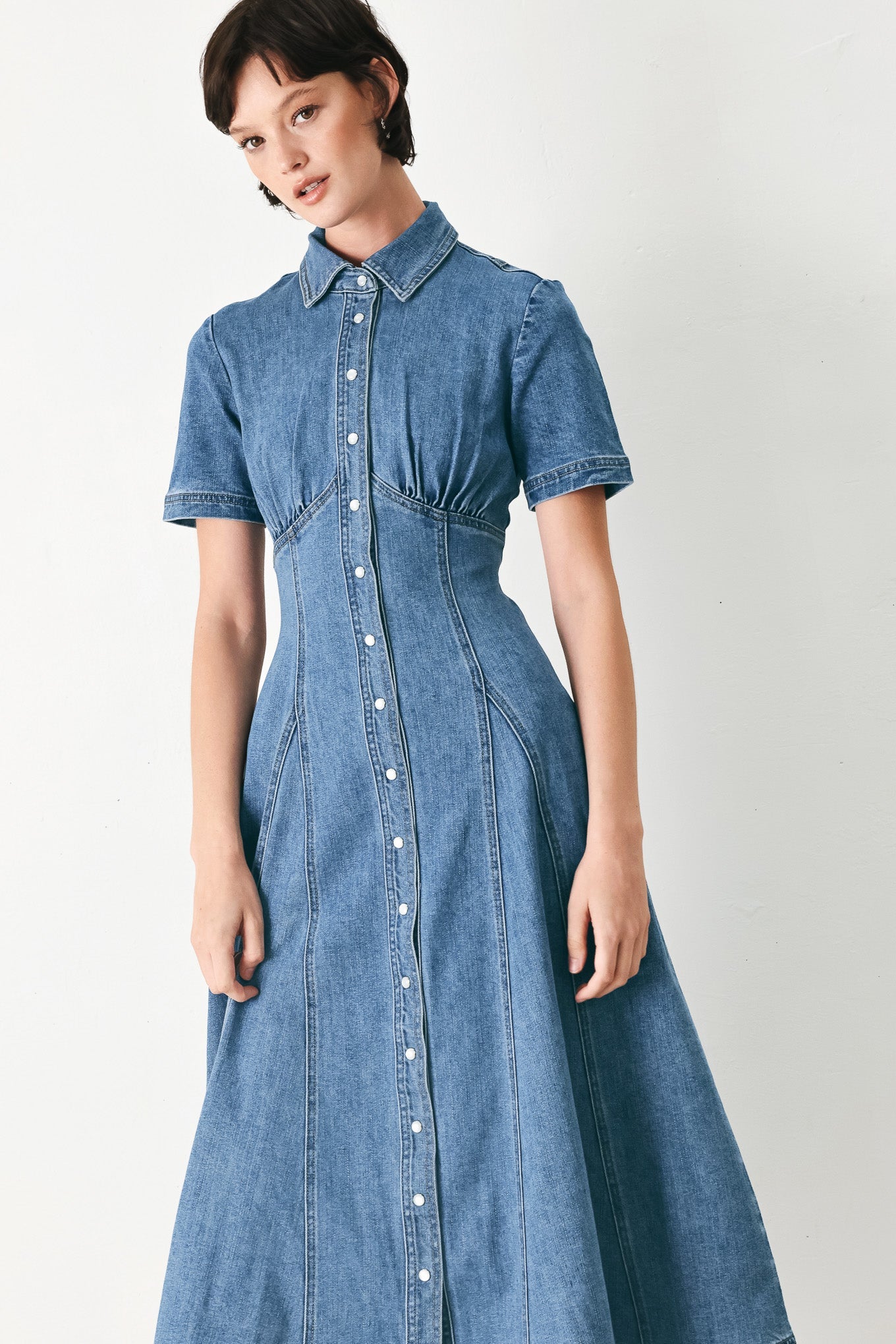 Flying Tomato - Vintage Sky Denim Midi Shirt Dress