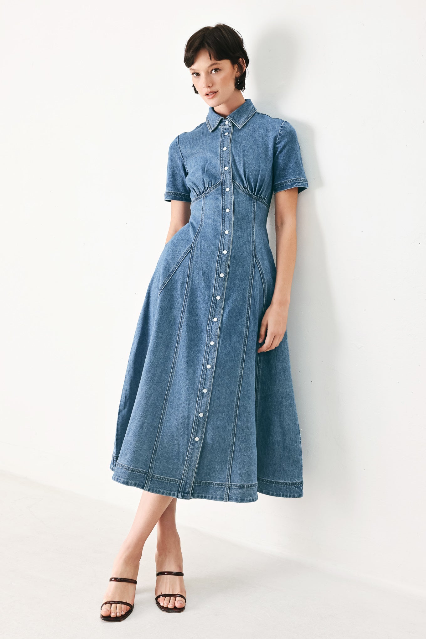 Flying Tomato - Vintage Sky Denim Midi Shirt Dress