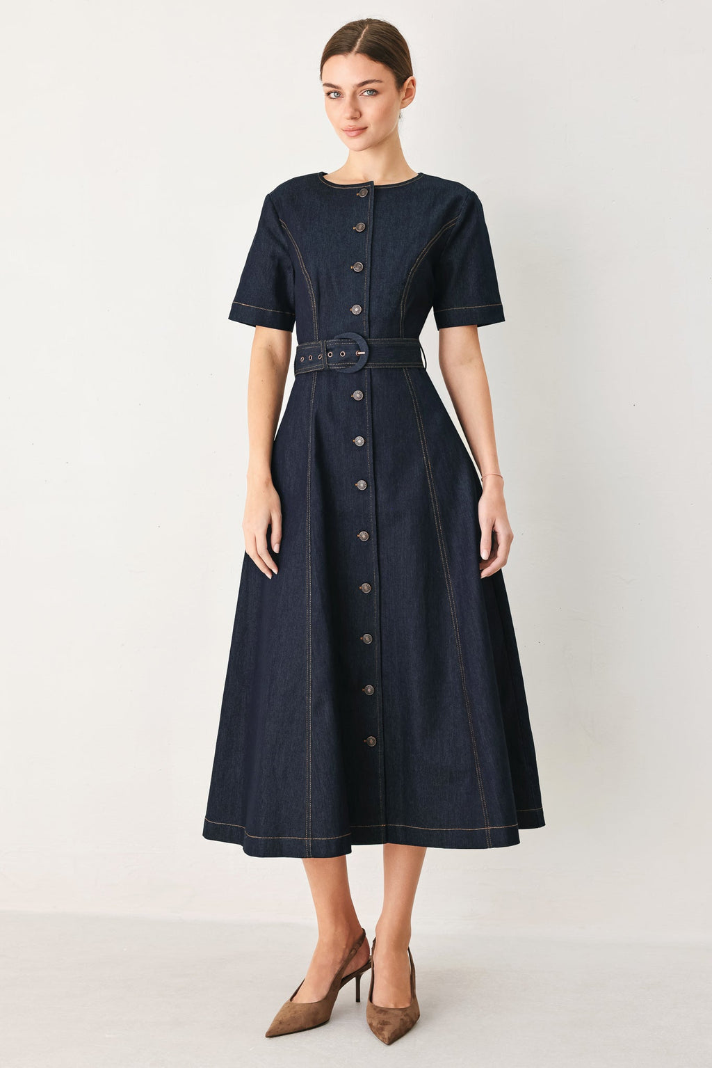 Flying Tomato Romantic Denim Woven Midi Dress