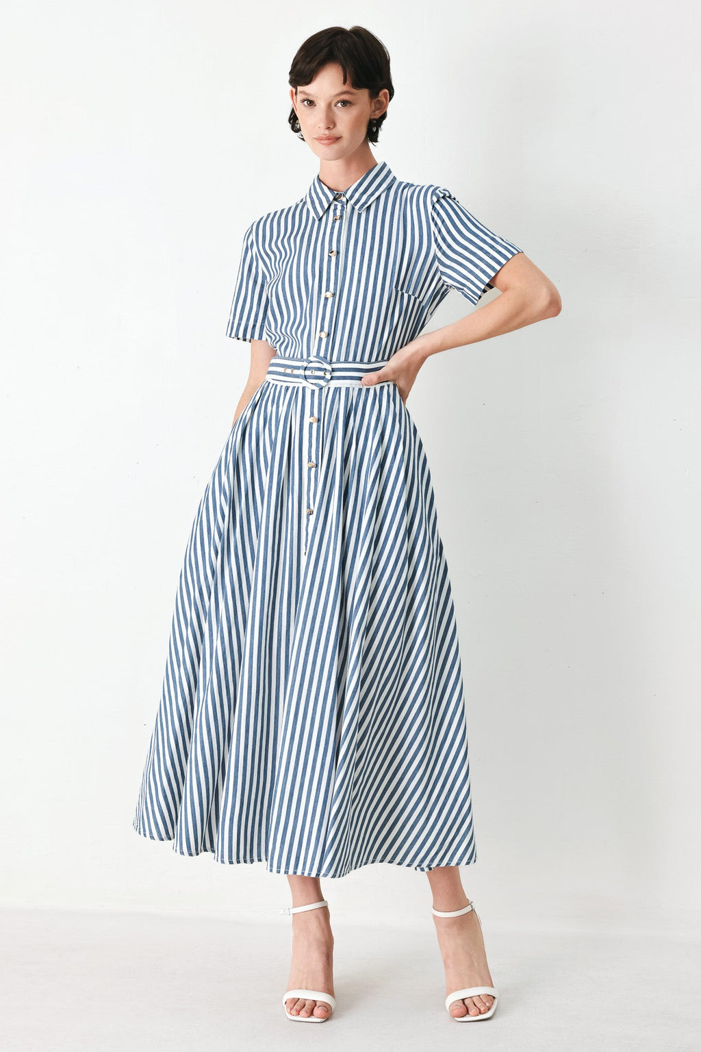 Flying Tomato Coastal Muse Strip Woven Midi Shirt Dress
