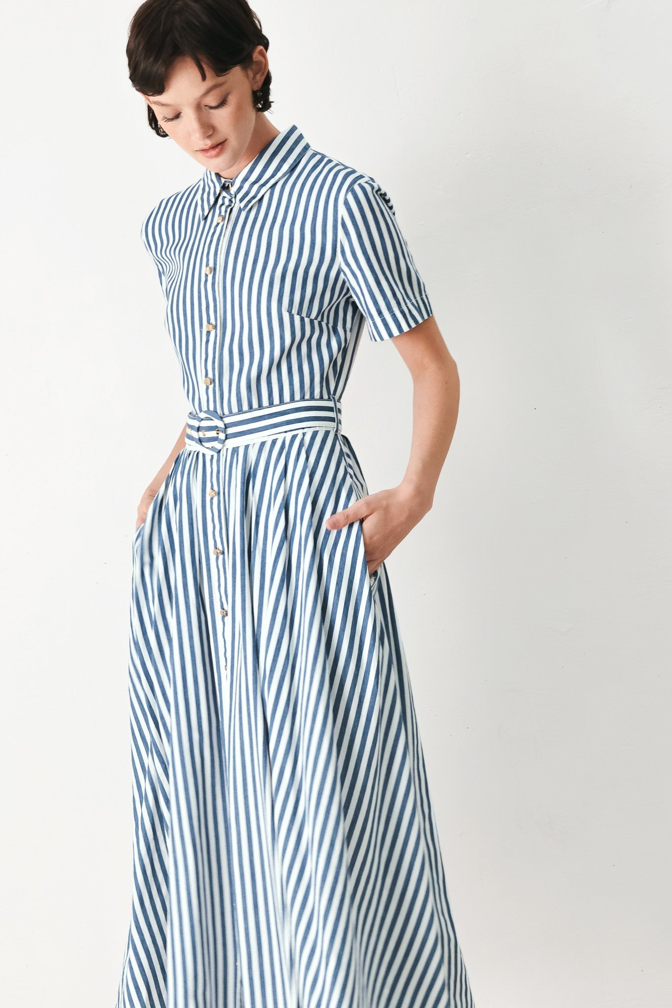 Flying Tomato Coastal Muse Strip Woven Midi Shirt Dress