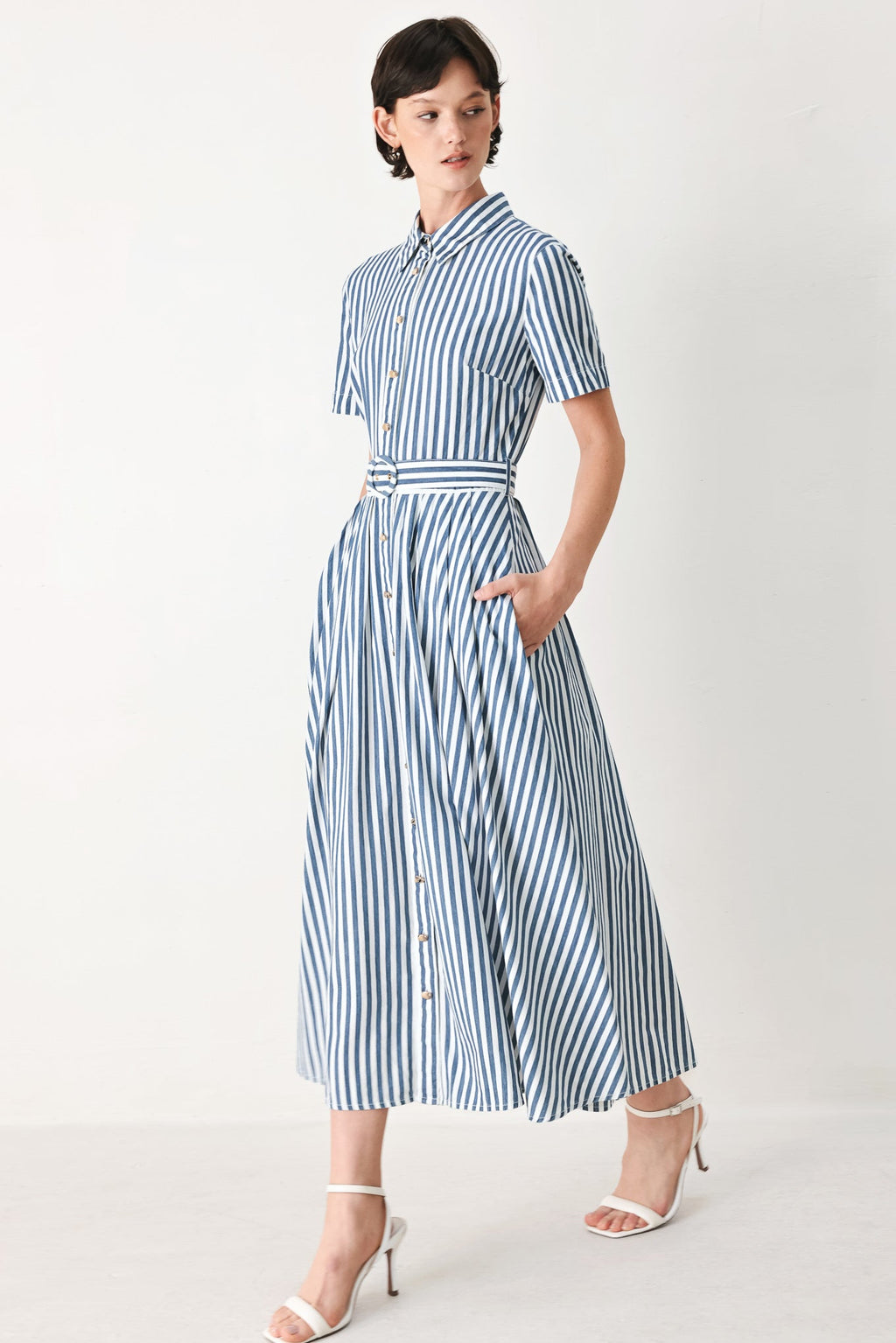 Flying Tomato Coastal Muse Strip Woven Midi Shirt Dress