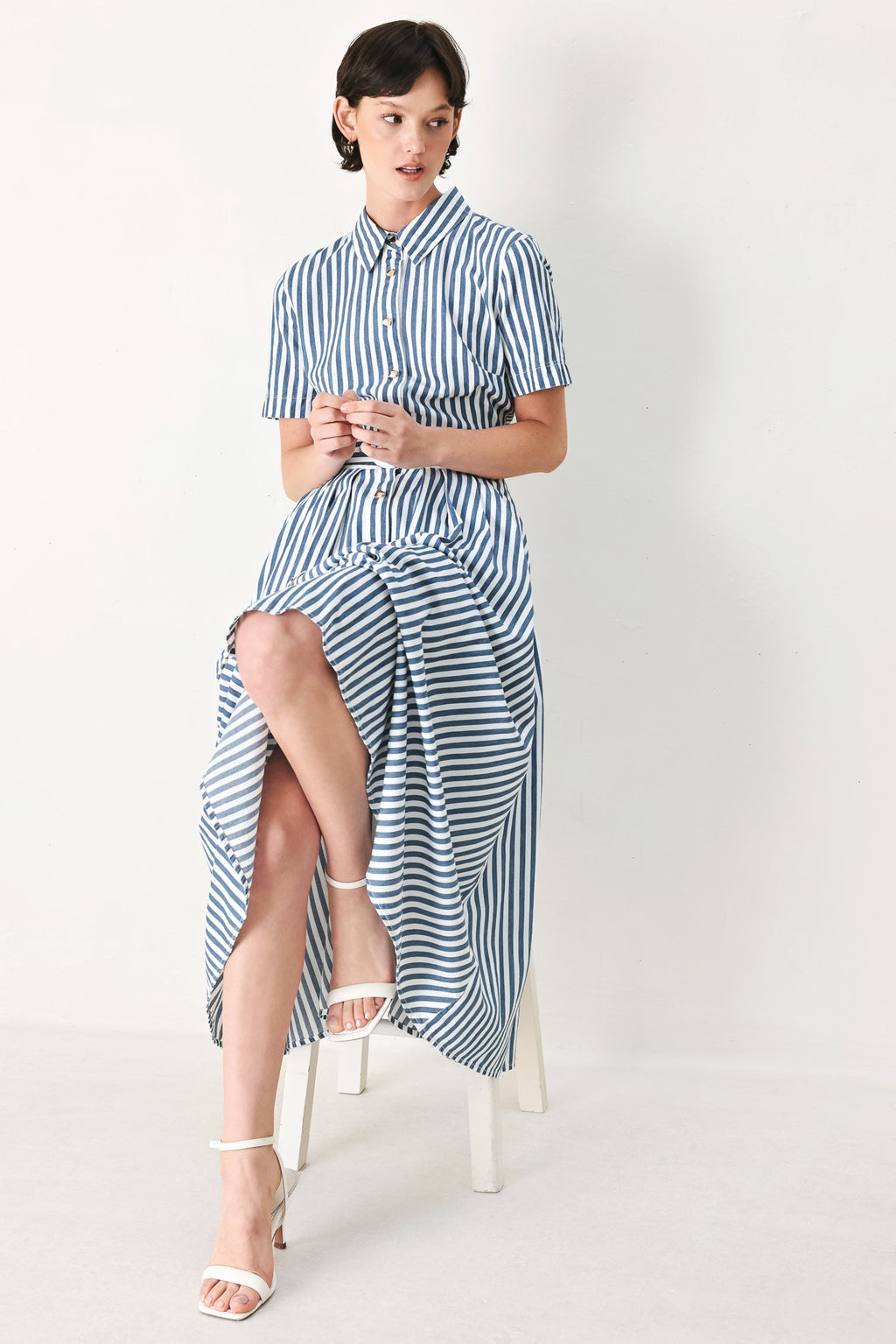 Flying Tomato Coastal Muse Strip Woven Midi Shirt Dress
