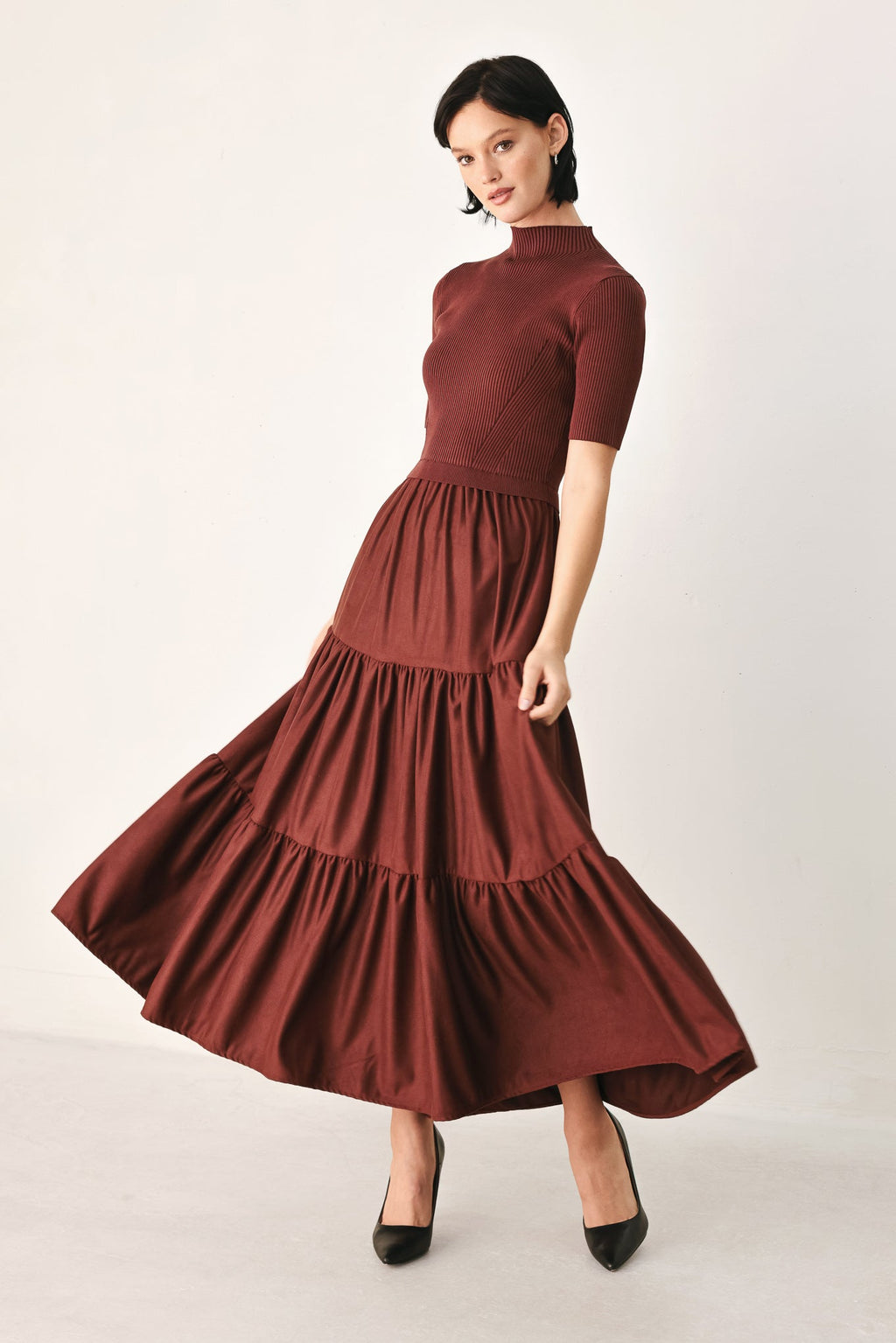 Flying Tomato Autumn Love Story Brick Tiered Midi Dress