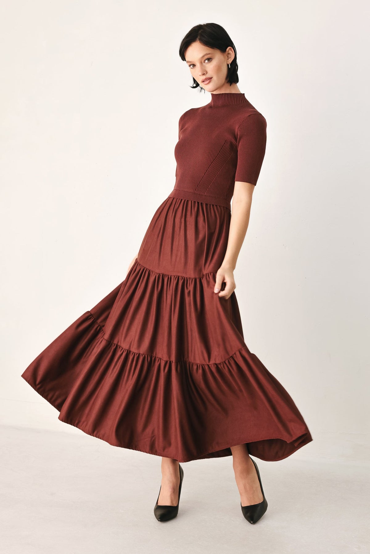 Flying Tomato Autumn Love Story Brick Tiered Midi Dress