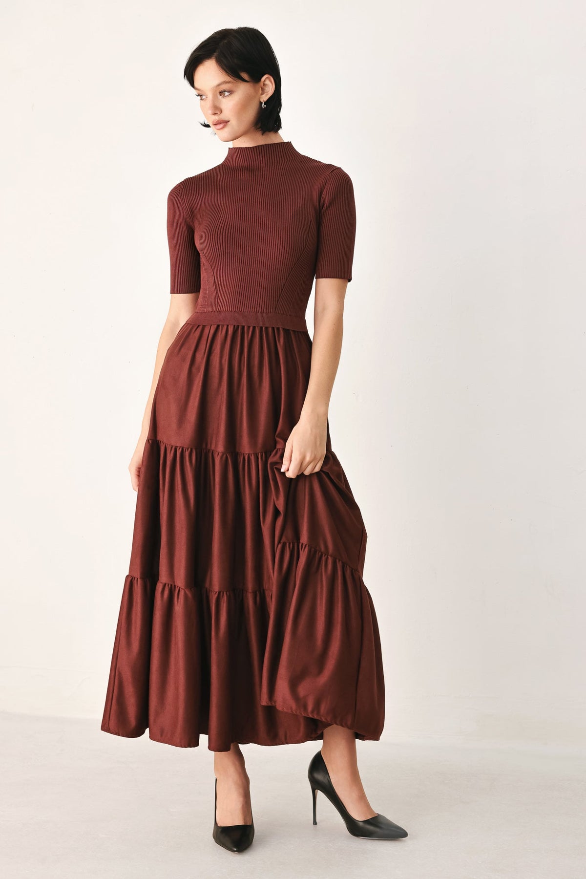 Flying Tomato Autumn Love Story Brick Tiered Midi Dress