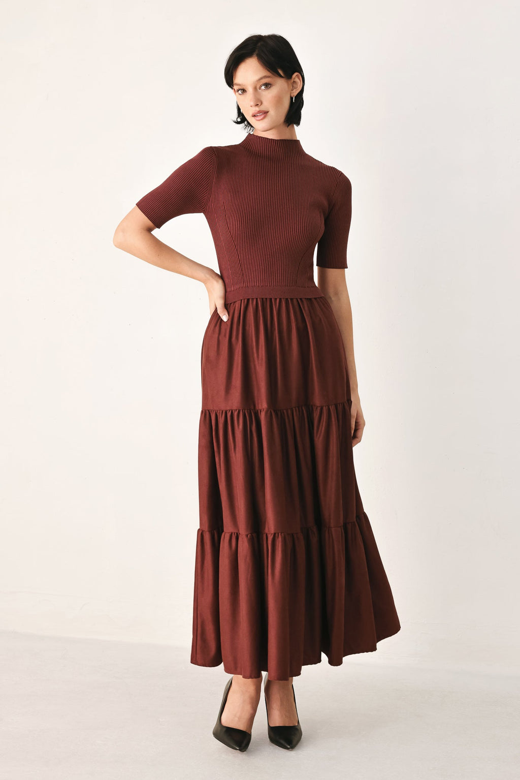 Flying Tomato Autumn Love Story Brick Tiered Midi Dress