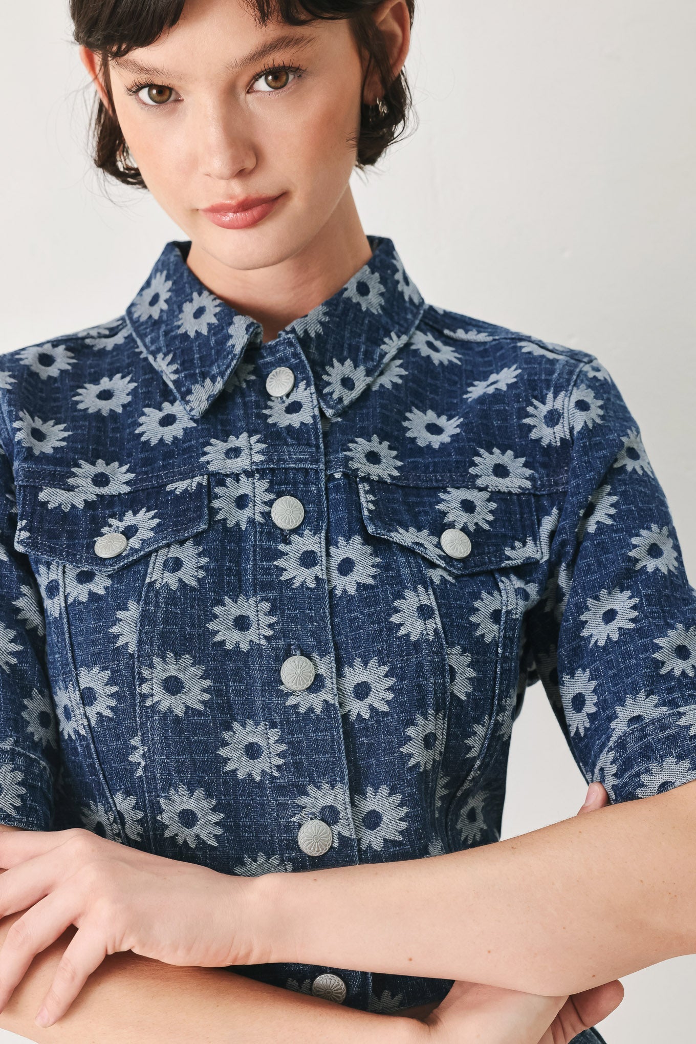 Flying Tomato - Sweet Daisy Woven Jacquard Denim Jacket