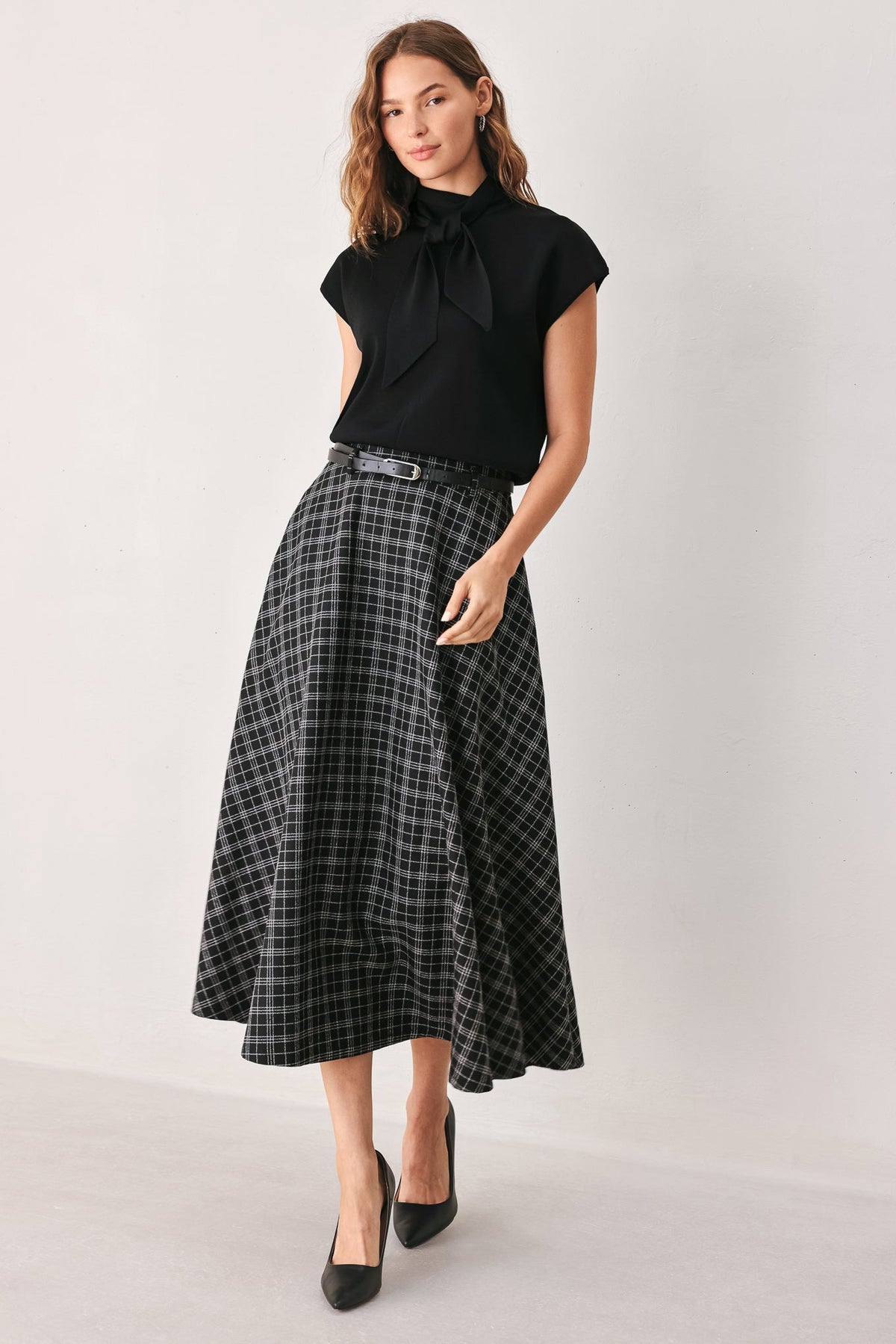 Flying Tomato Monochrome Check Belted Midi Skirt