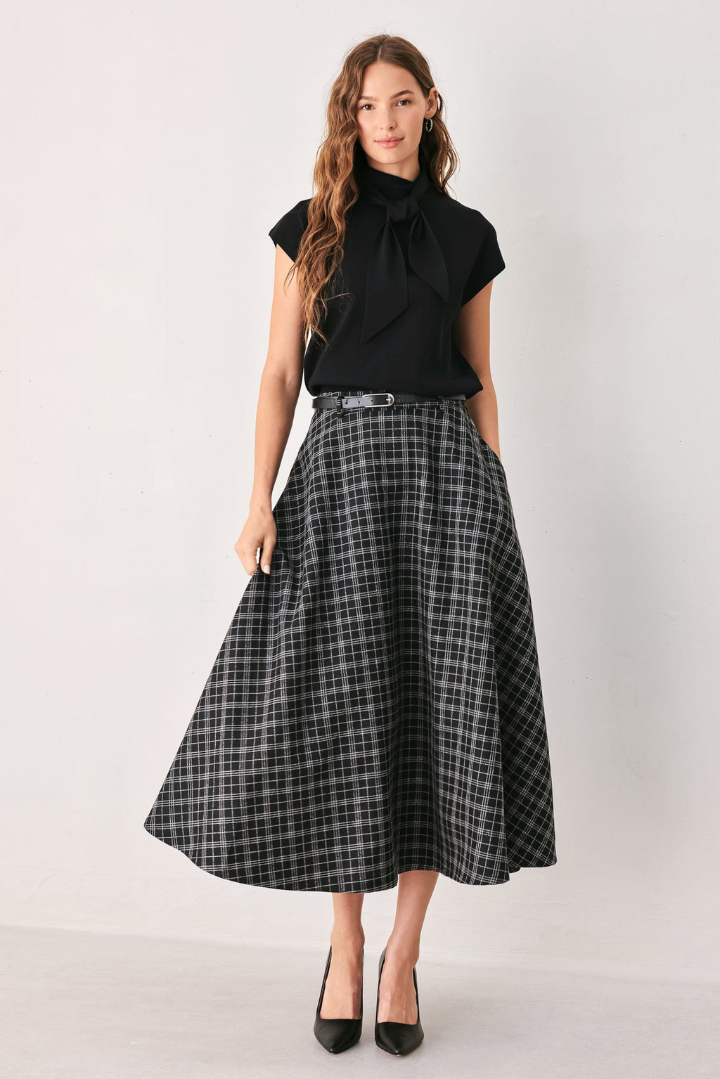 Flying Tomato Monochrome Check Belted Midi Skirt