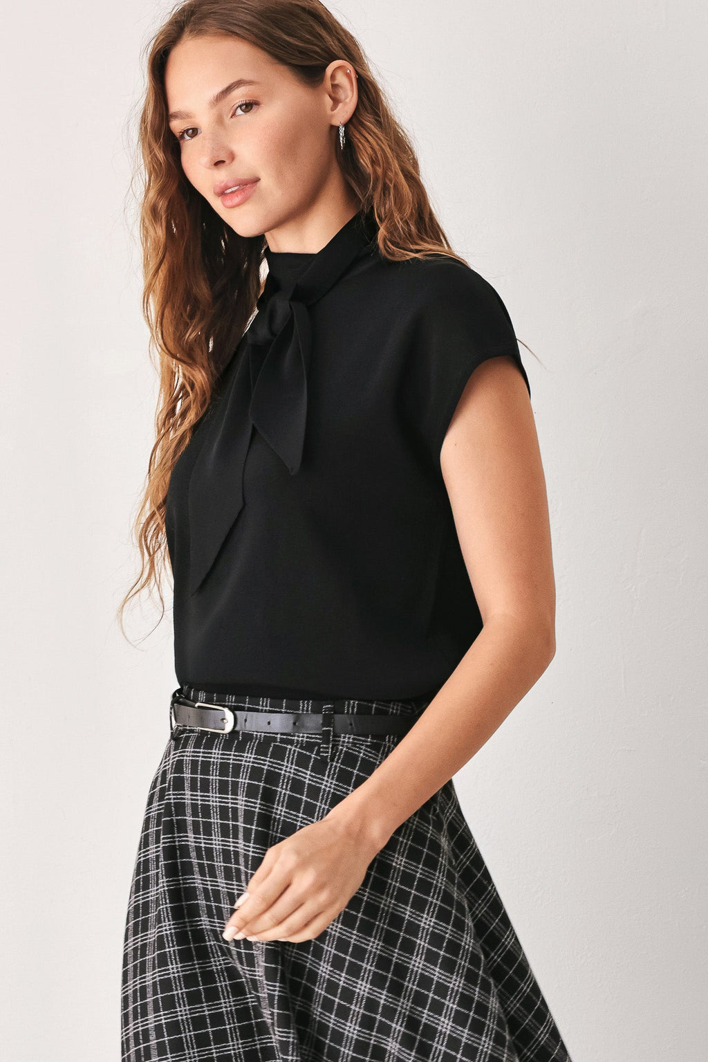 Flying Tomato Monochrome Check Belted Midi Skirt