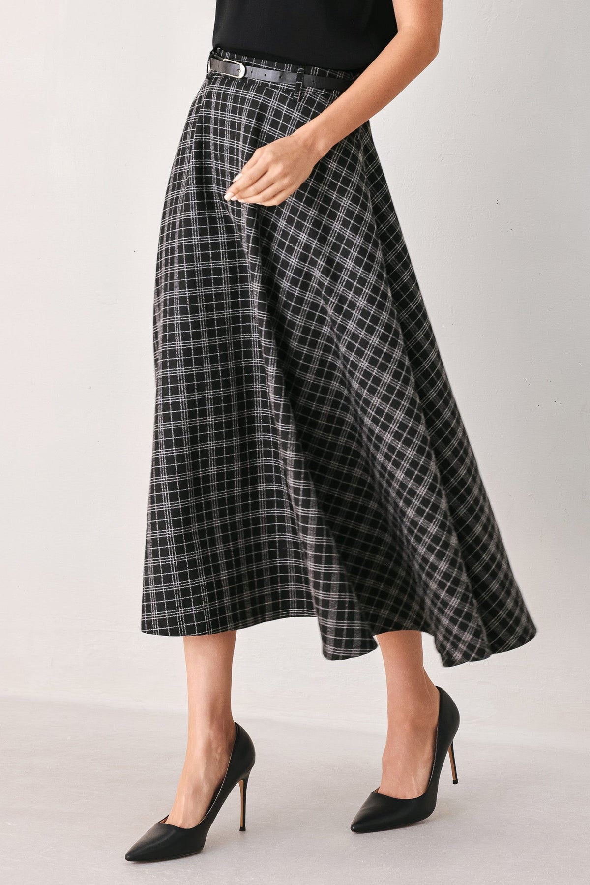 Flying Tomato Monochrome Check Belted Midi Skirt