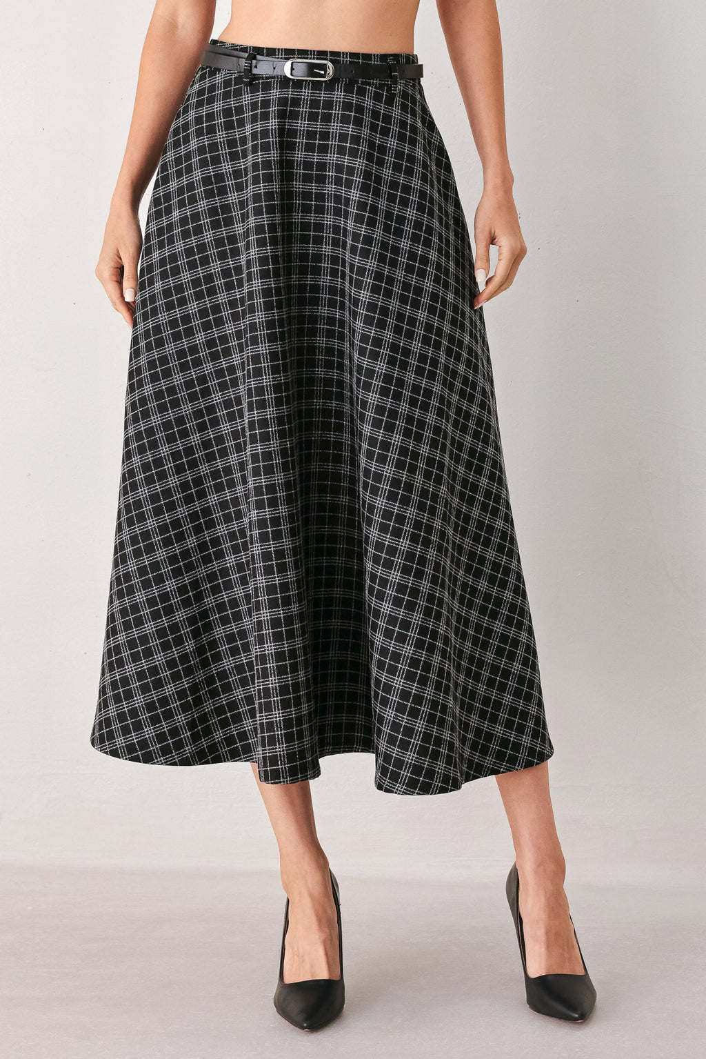 Flying Tomato Monochrome Check Belted Midi Skirt