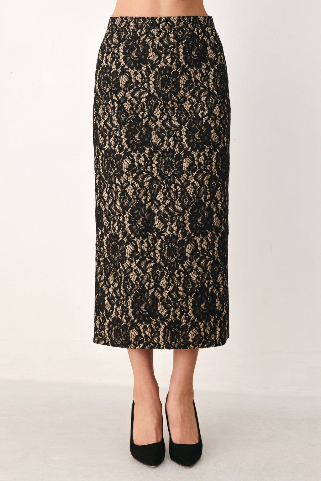 Flying Tomato Lace Theory Black Lace Pencil Midi Skirt