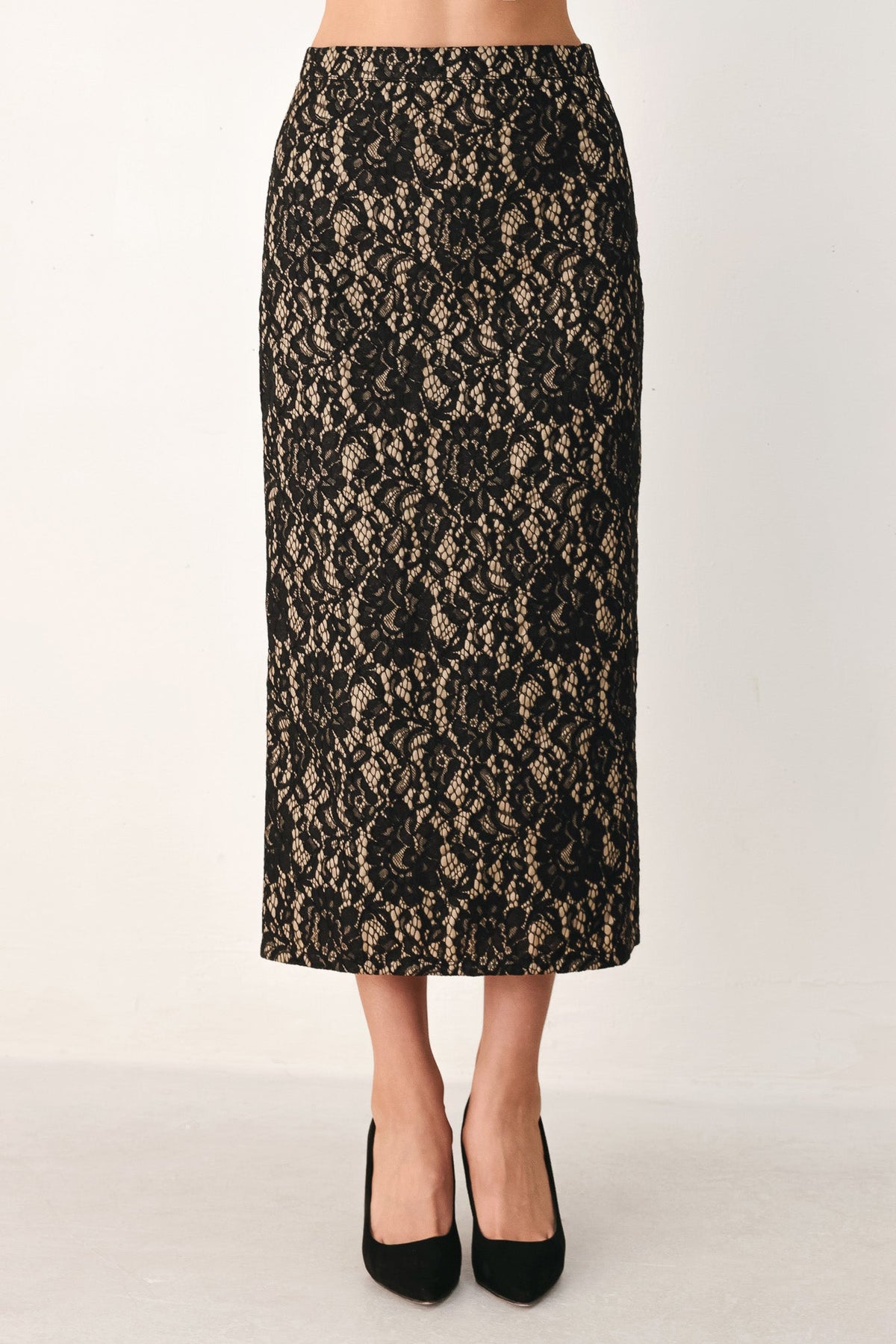 Flying Tomato Lace Theory Black Lace Pencil Midi Skirt