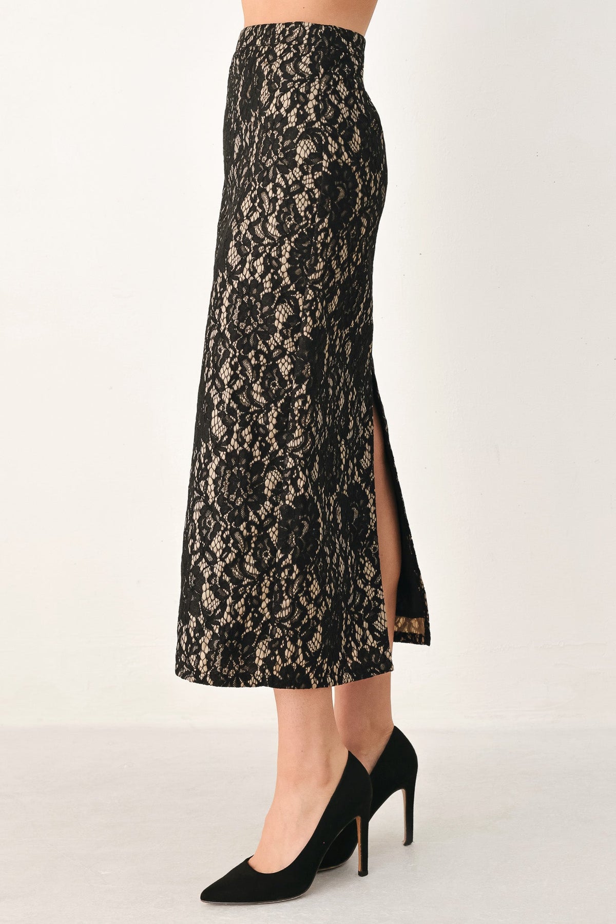 Flying Tomato Lace Theory Black Lace Pencil Midi Skirt