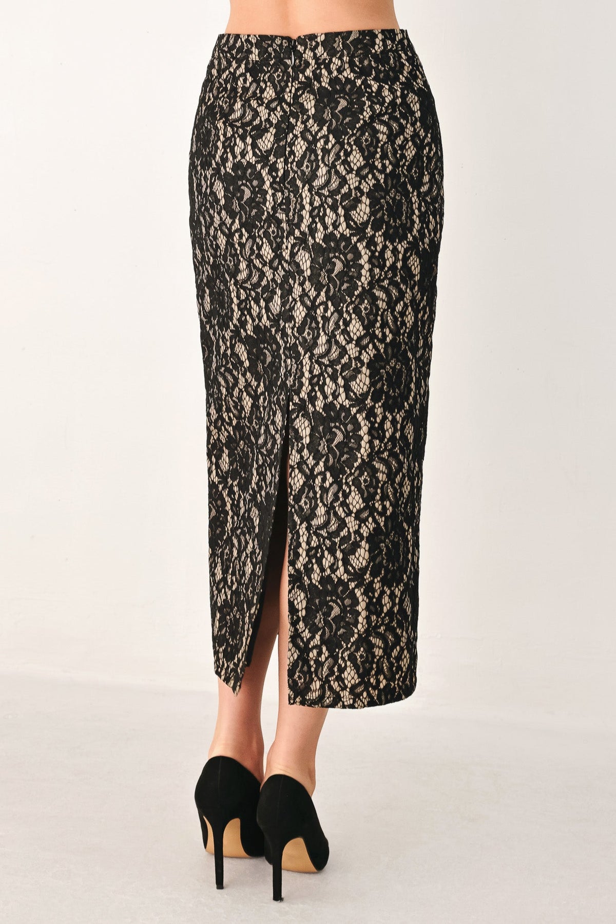 Flying Tomato Lace Theory Black Lace Pencil Midi Skirt