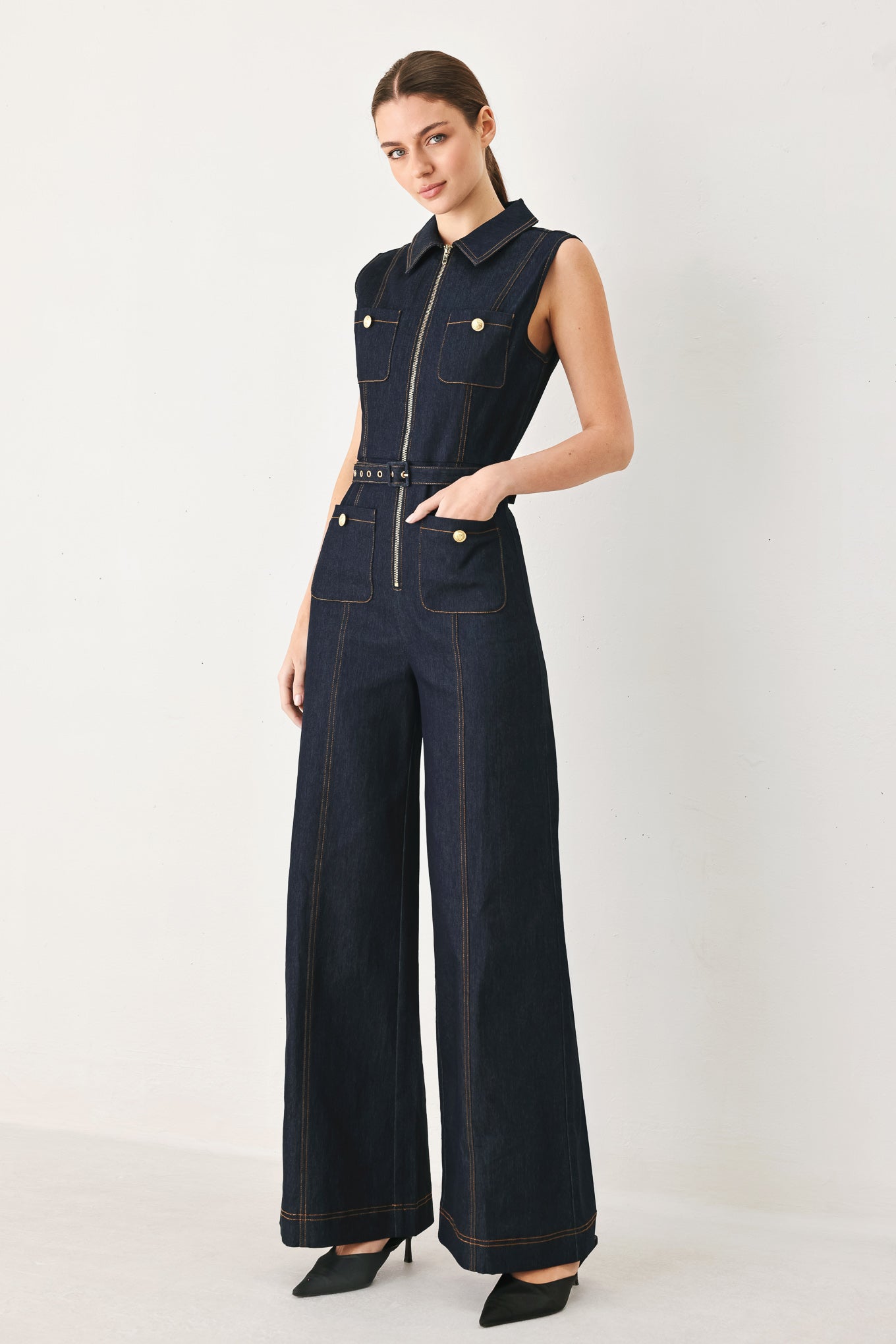 Flying Tomato Sleeveless Workwear Denim Jumpsuit