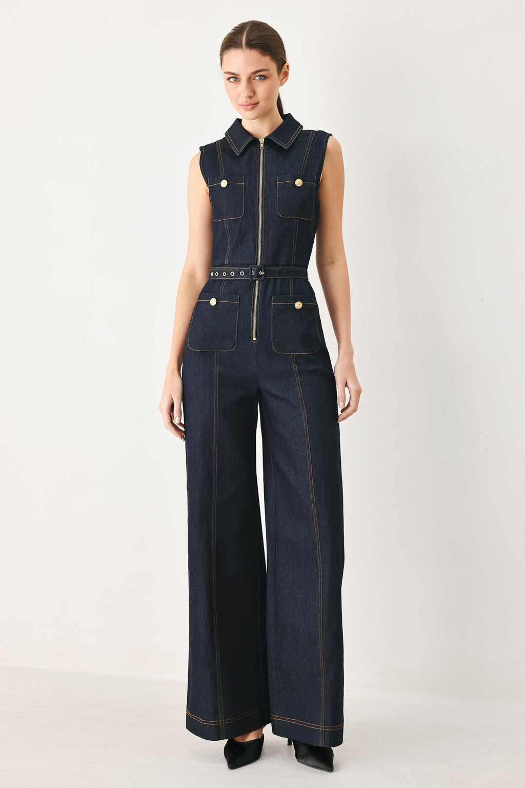 Flying Tomato Sleeveless Workwear Denim Jumpsuit