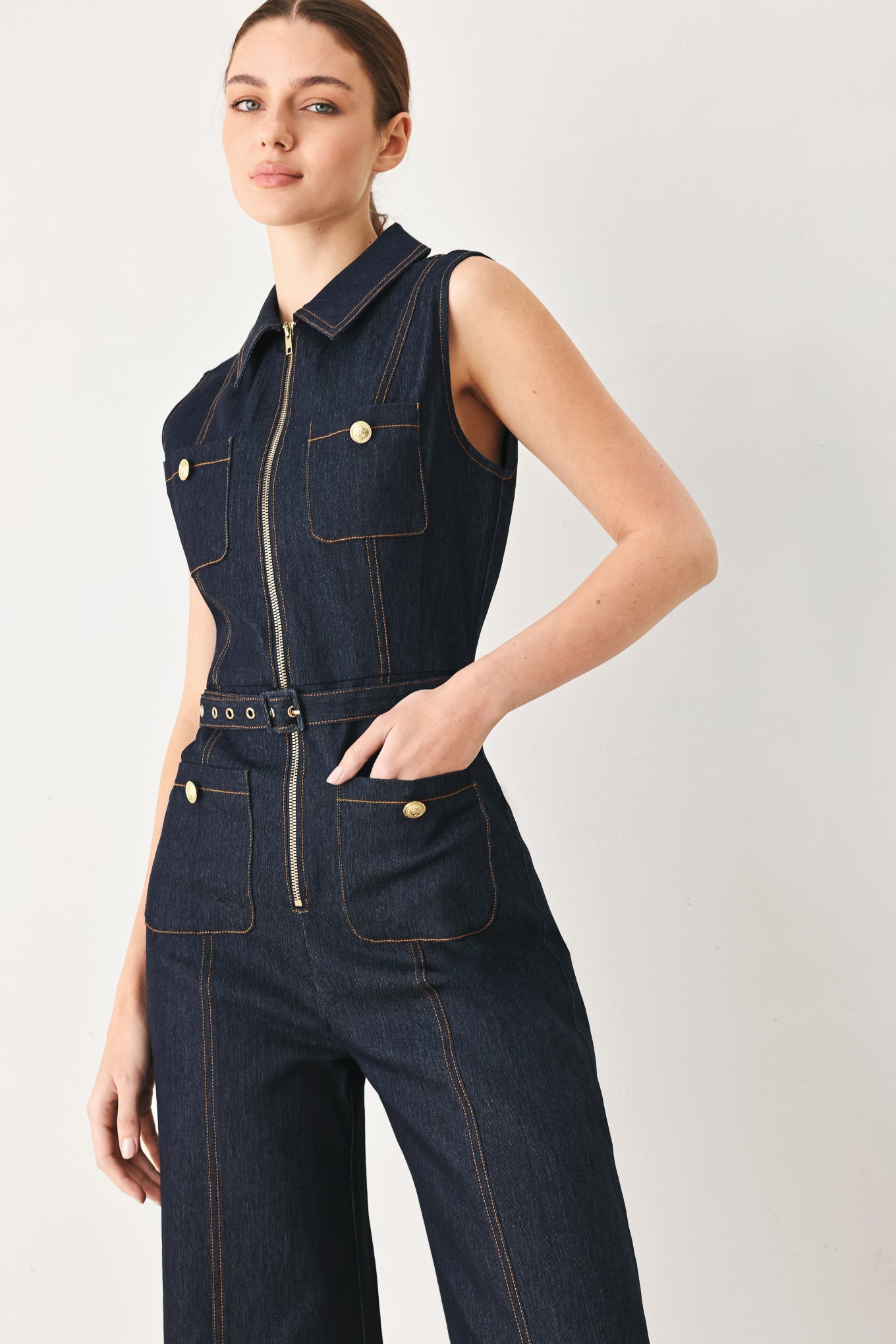 Flying Tomato Sleeveless Workwear Denim Jumpsuit