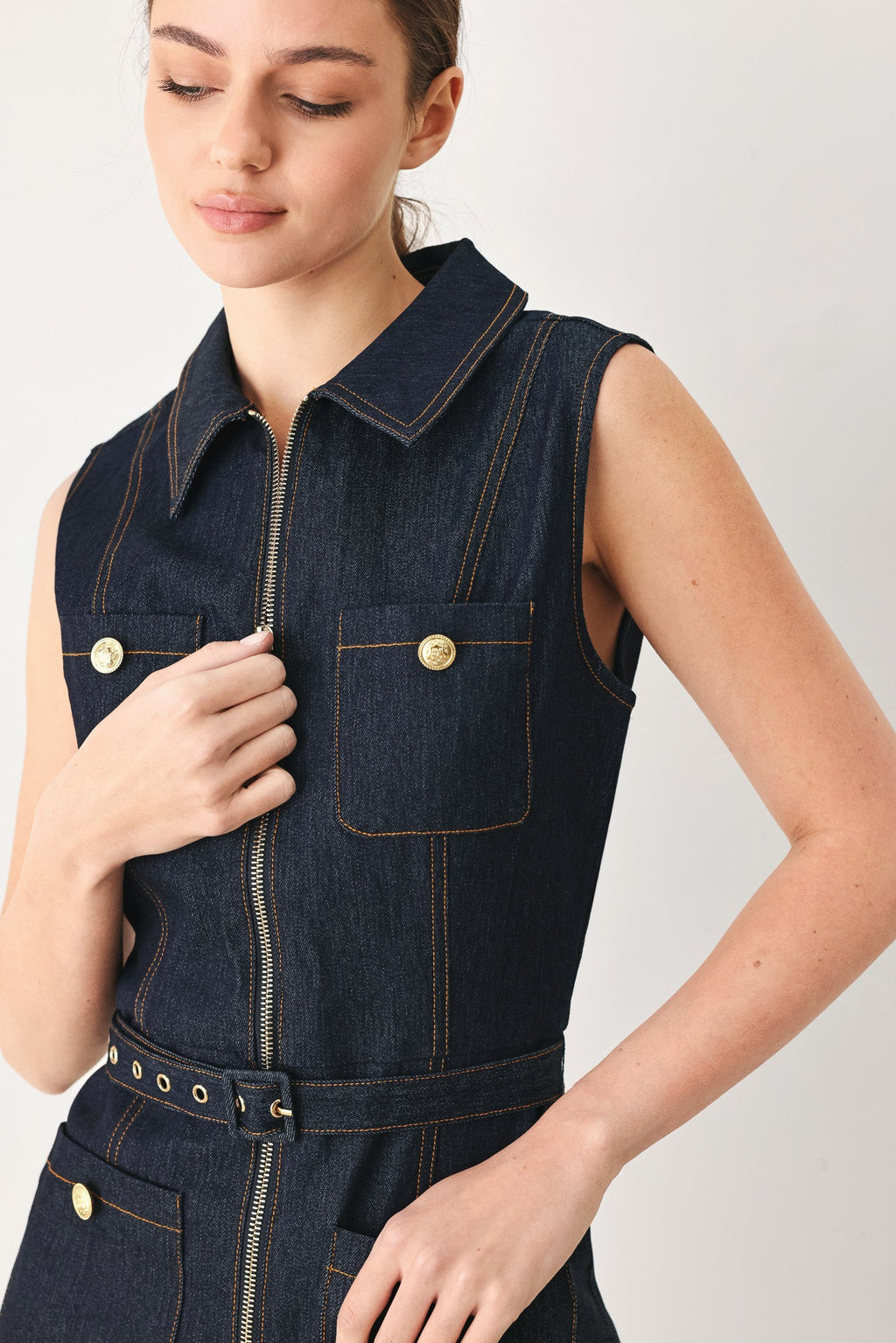 Flying Tomato Sleeveless Workwear Denim Jumpsuit