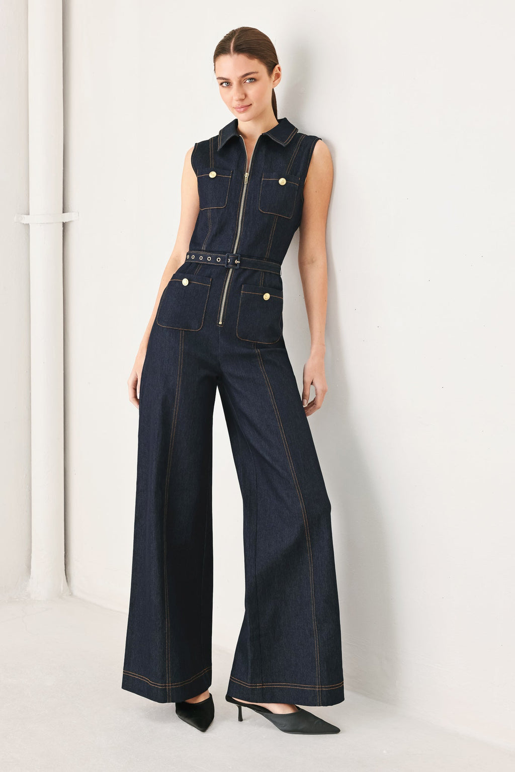 Flying Tomato Sleeveless Workwear Denim Jumpsuit