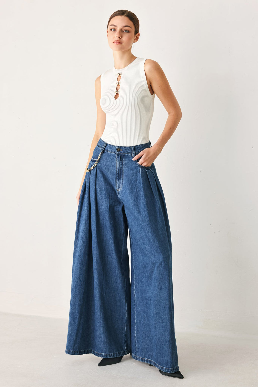 Flying Tomato Statement Blue Wide Leg Denim Pants
