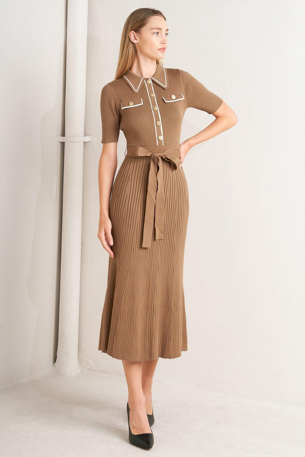 Parisian Inspired Style Sweater Knit Midi Dress