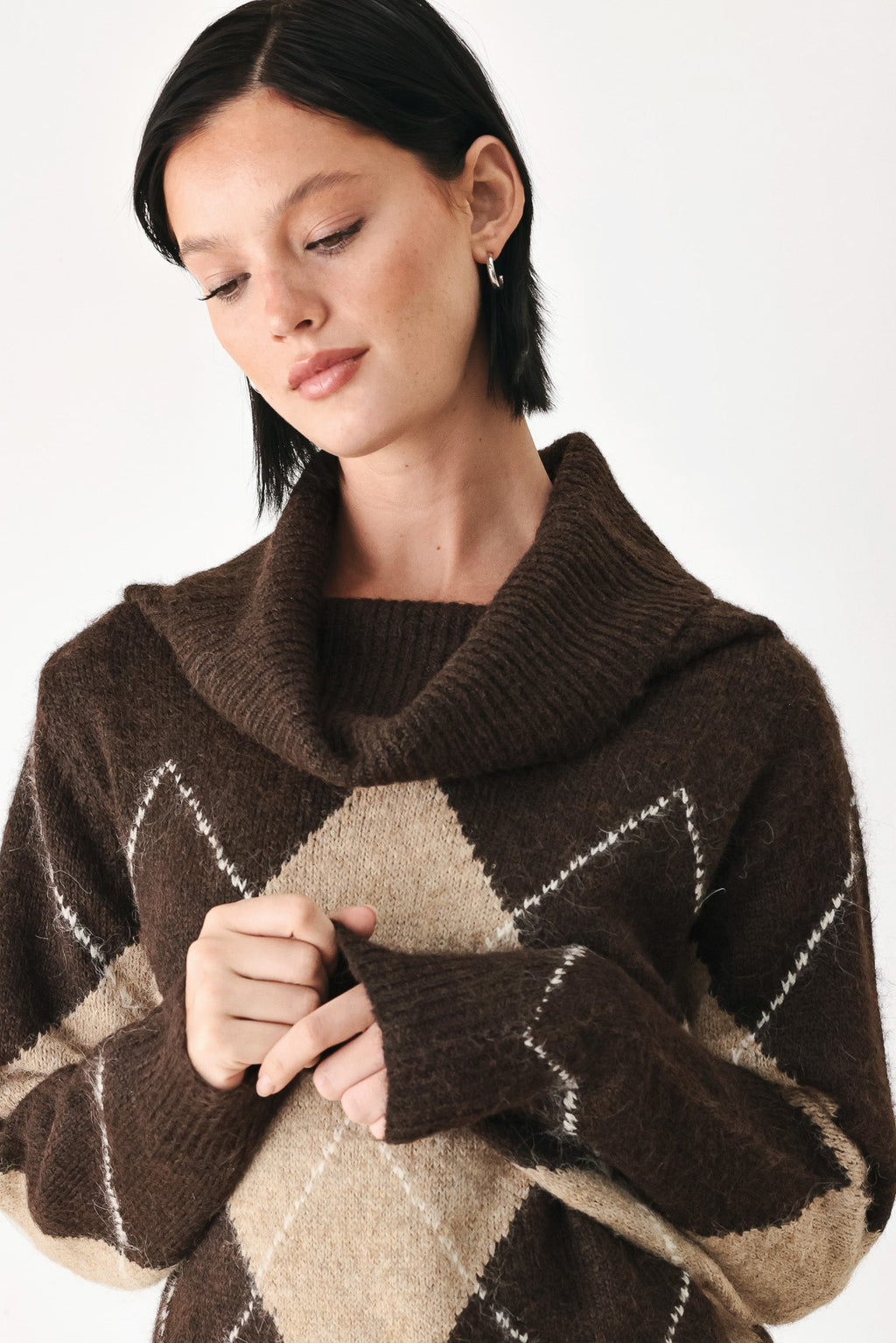 Flying Tomato Cozy Moments Brown Argyle Cowl Neck Sweater