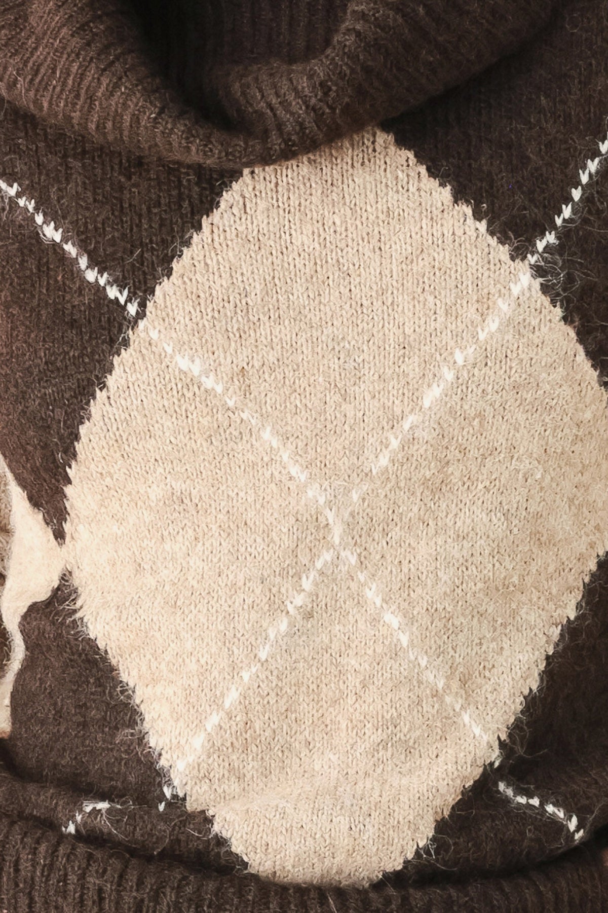 Flying Tomato Cozy Moments Brown Argyle Cowl Neck Sweater