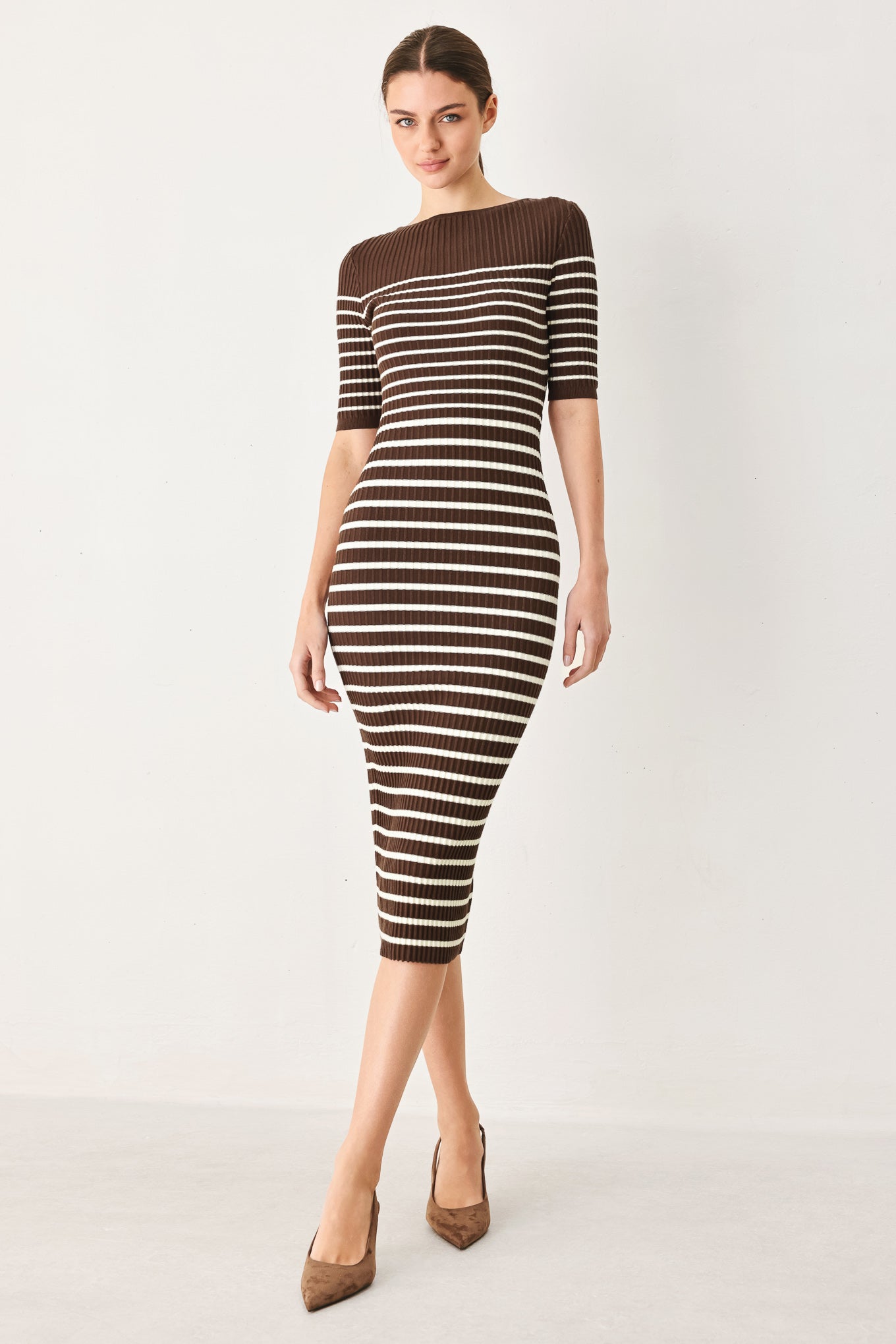 Flying Tomato Chocolate Stripe Sweater Midi Dress